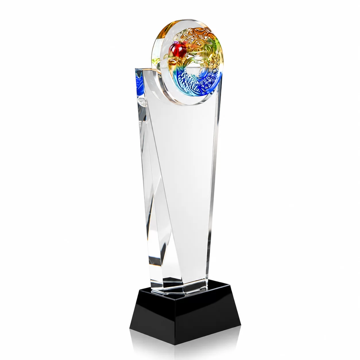 Global Excellence Crystal Trophy with Colorful Globe and Black Base