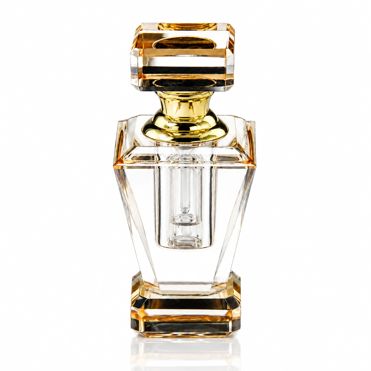 Golden Amber Crystal Perfume Bottle with Faceted Stopper – Decorative Fragrance Vessel